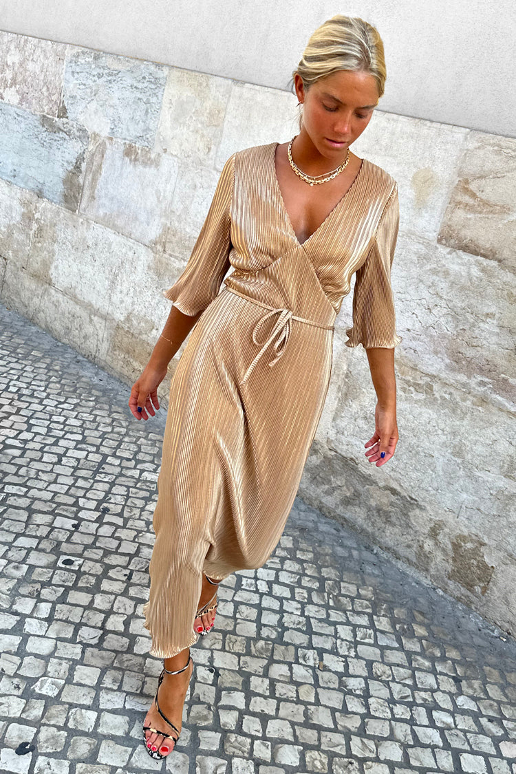 NEVER FULLY DRESSED Gold Plisse Dress
