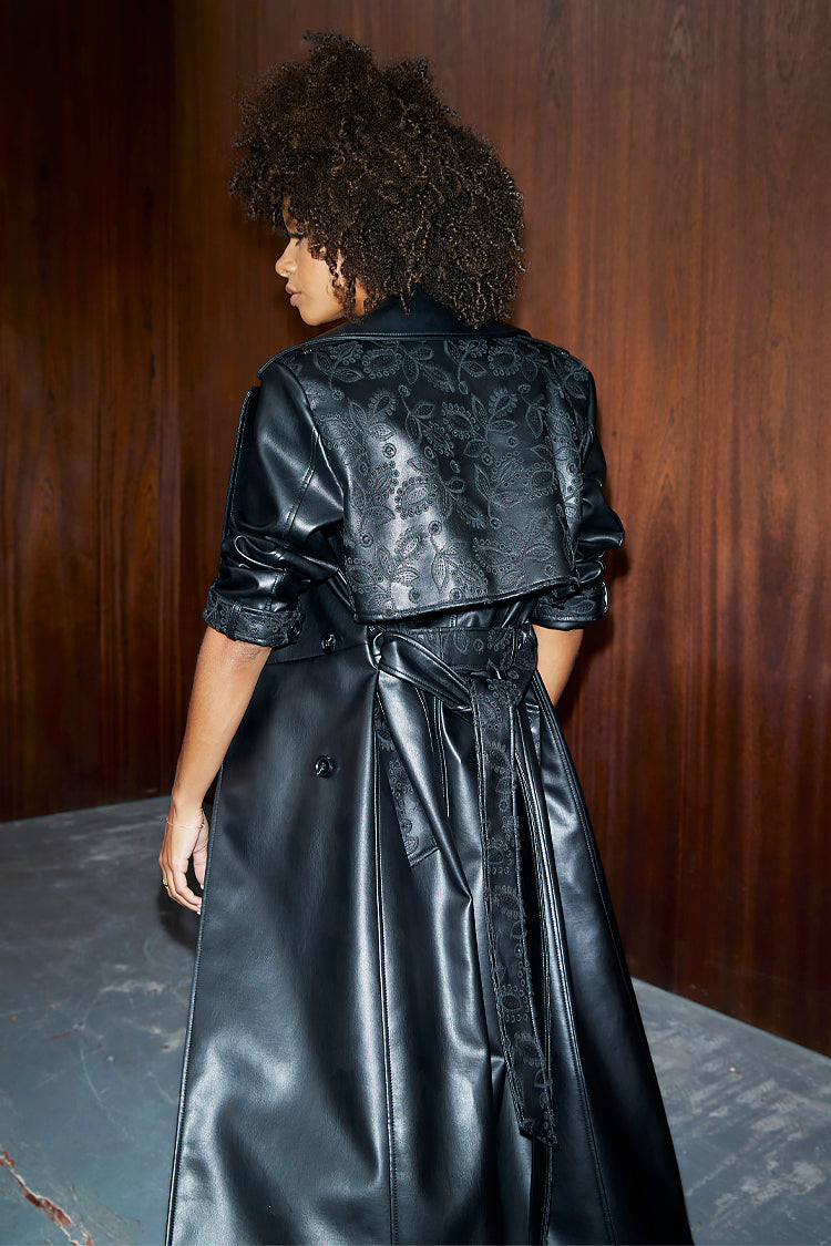 NEVER FULLY DRESSED Black Embroidered Vegan Leather Trench Coat