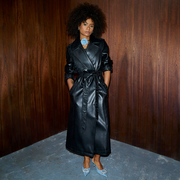 NEVER FULLY DRESSED Black Embroidered Vegan Leather Trench Coat