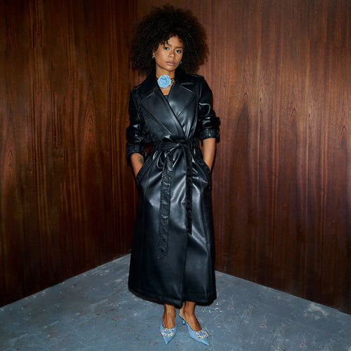 NEVER FULLY DRESSED Black Embroidered Vegan Leather Trench Coat