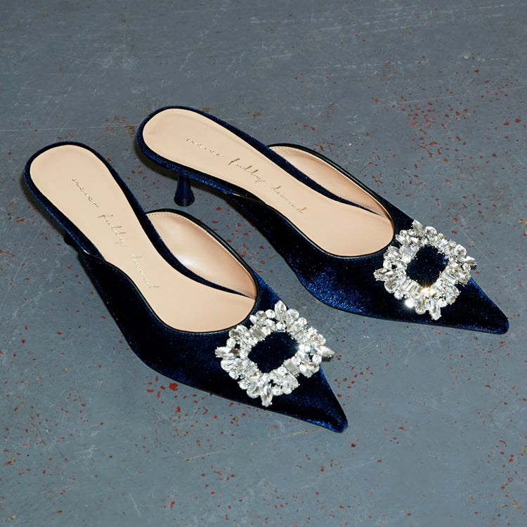 NEVER FULLY DRESSED Embellished Navy Velvet City Mules