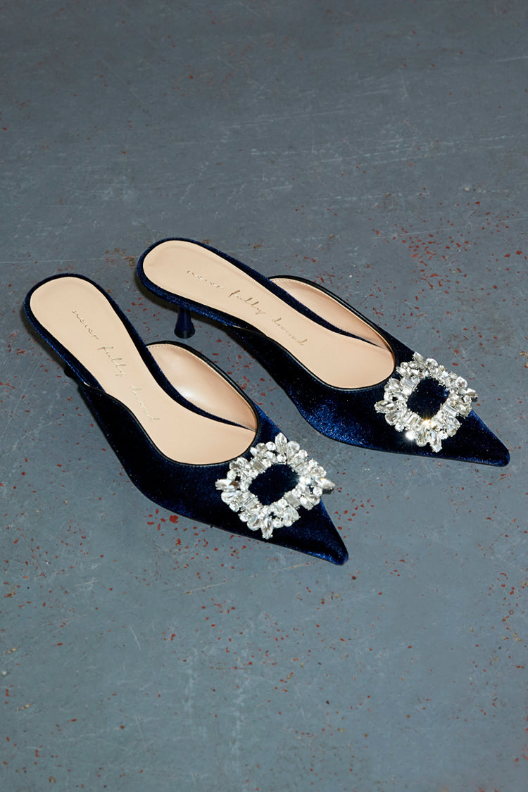 NEVER FULLY DRESSED Embellished Navy Velvet City Mules
