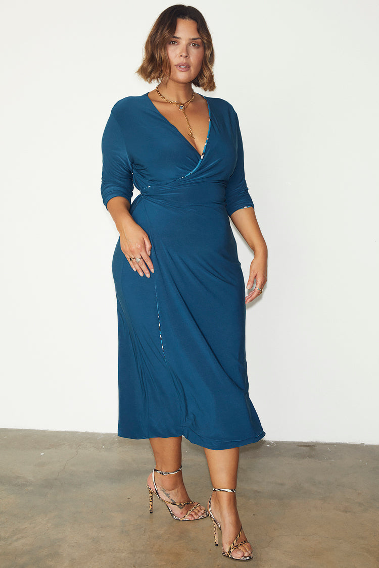 NEVER FULLY DRESSED Reversible Teal Animal Wrap Dress