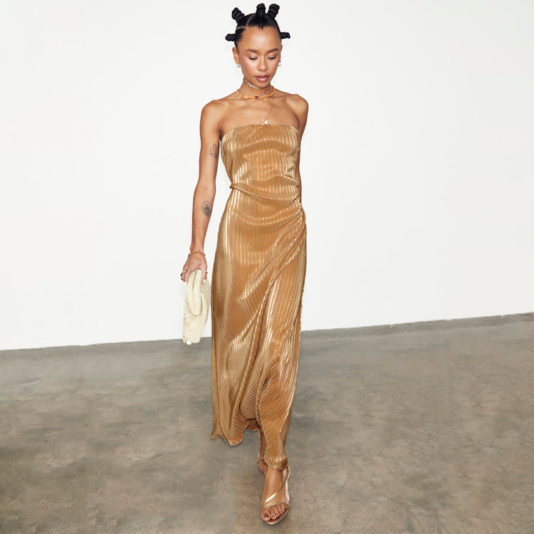 NEVER FULLY DRESSED Gold Plisse Luna Dress