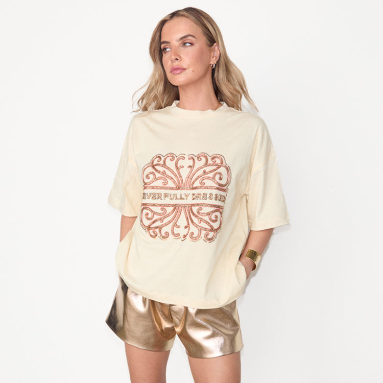 NEVER FULLY DRESSED Cream Beaded Logo T-shirt