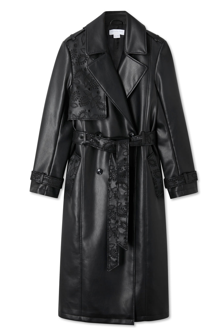 NEVER FULLY DRESSED Black Embroidered Vegan Leather Trench Coat