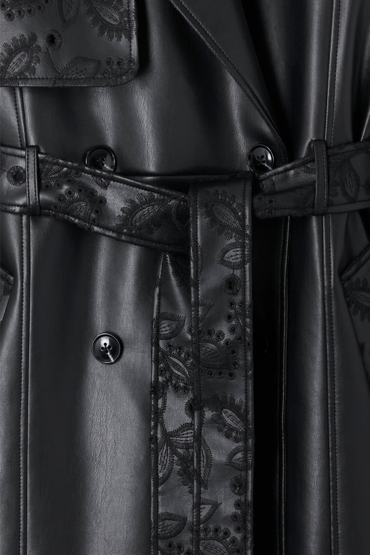 NEVER FULLY DRESSED Black Embroidered Vegan Leather Trench Coat