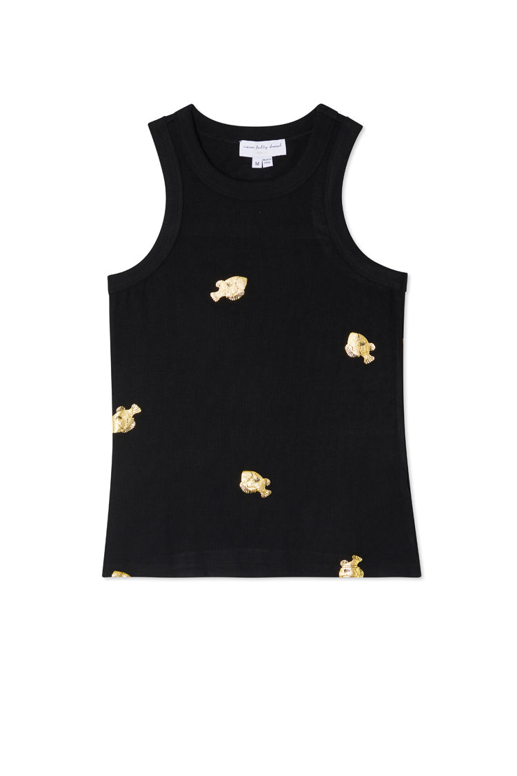 NEVER FULLY DRESSED Black Ribbed Tank Top With Fish Gold Fleck