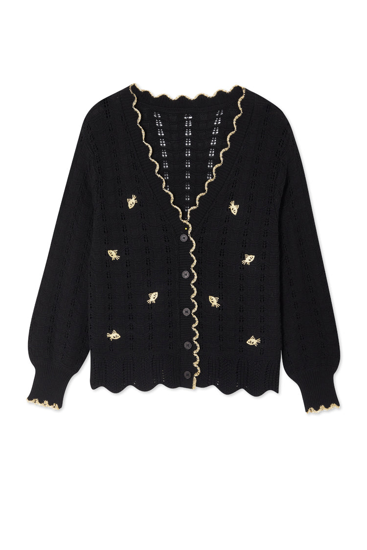 NEVER FULLY DRESSED Black Pointelle Knit Cardigan With Gold Fish