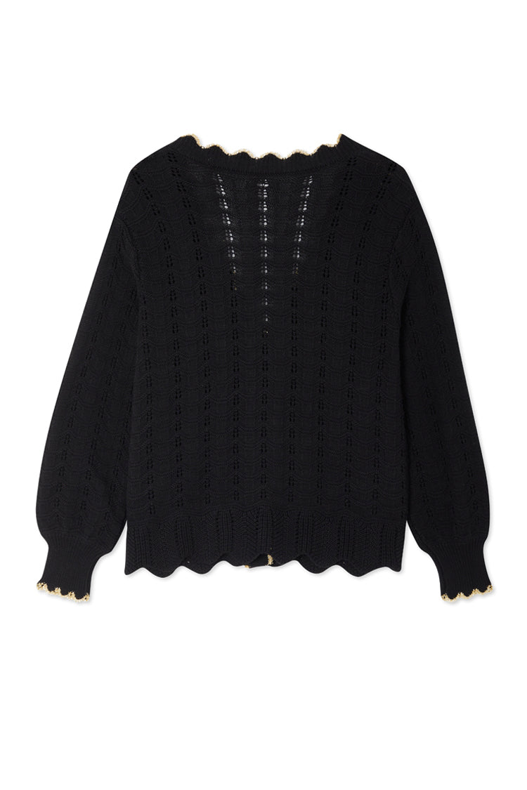 NEVER FULLY DRESSED Black Pointelle Knit Cardigan With Gold Fish