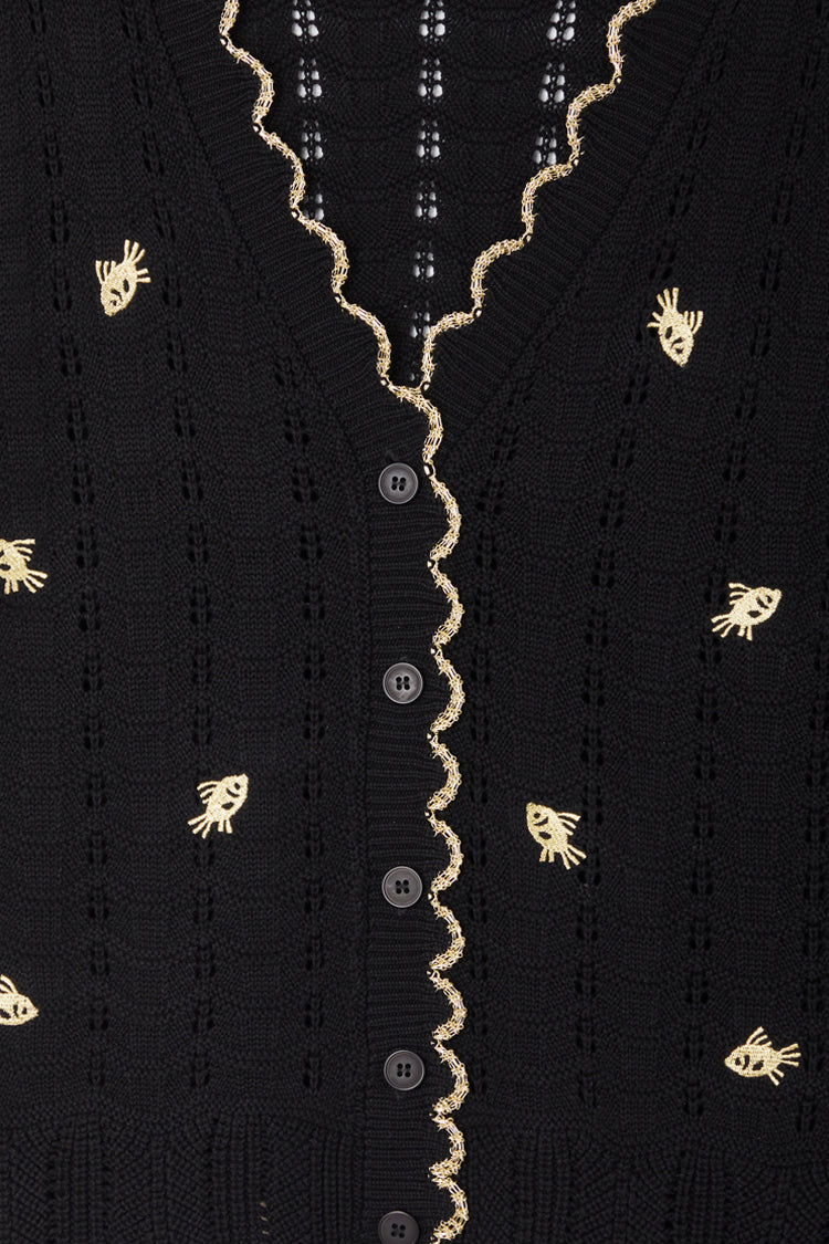 NEVER FULLY DRESSED Black Pointelle Knit Cardigan With Gold Fish