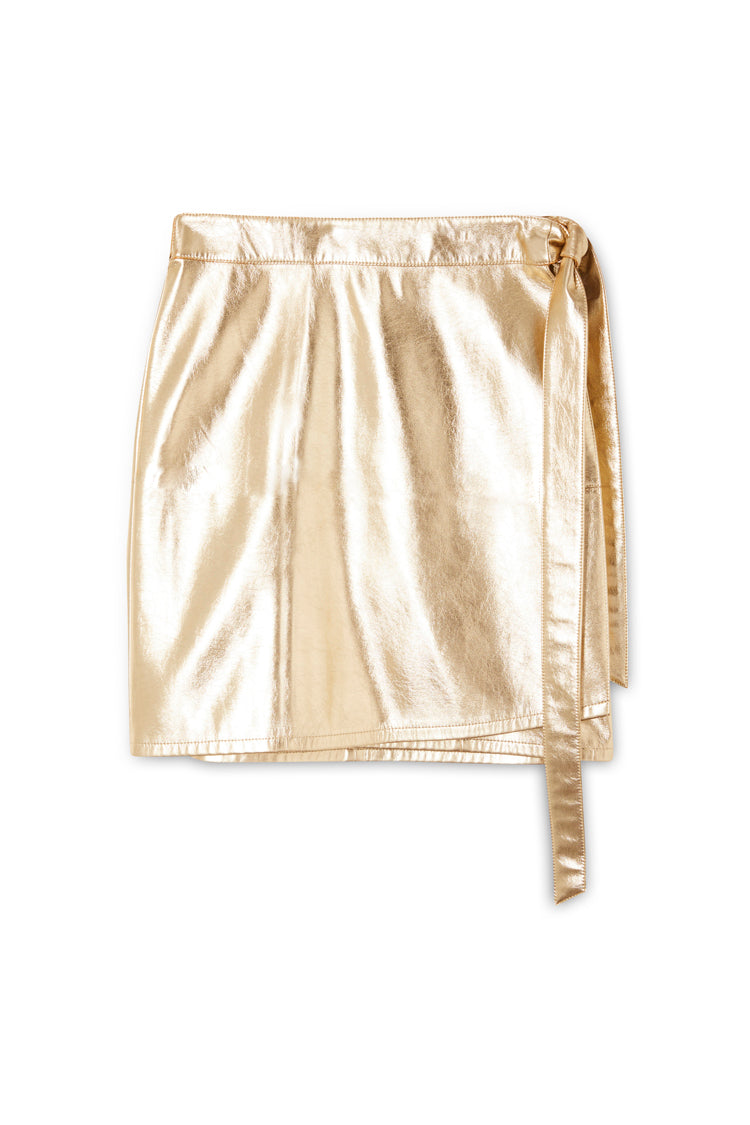 NEVER FULLY DRESSED Gold Vegan Leather Mini Wrap Skirt