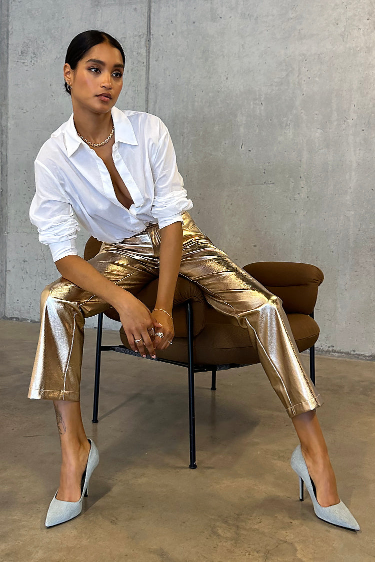 NEVER FULLY DRESSED Gold Vegan Leather Trouser
