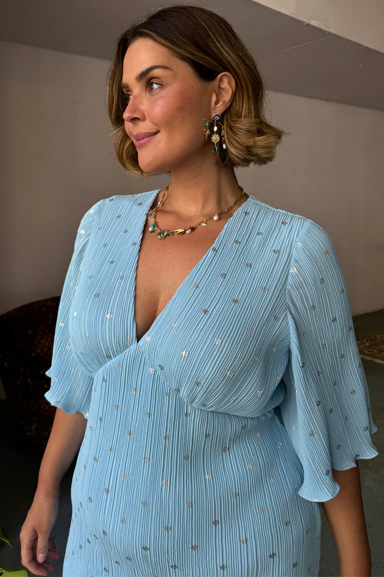 NEVER FULLY DRESSED Ice Blue Plisse Short Sleeve Celeste Dress