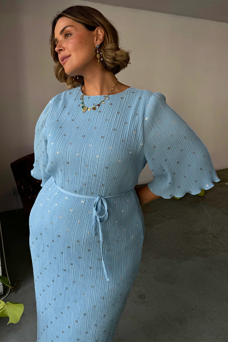 NEVER FULLY DRESSED Ice Blue Plisse Short Sleeve Celeste Dress