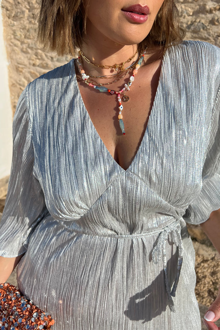 NEVER FULLY DRESSED Silver Plisse Midi Dress