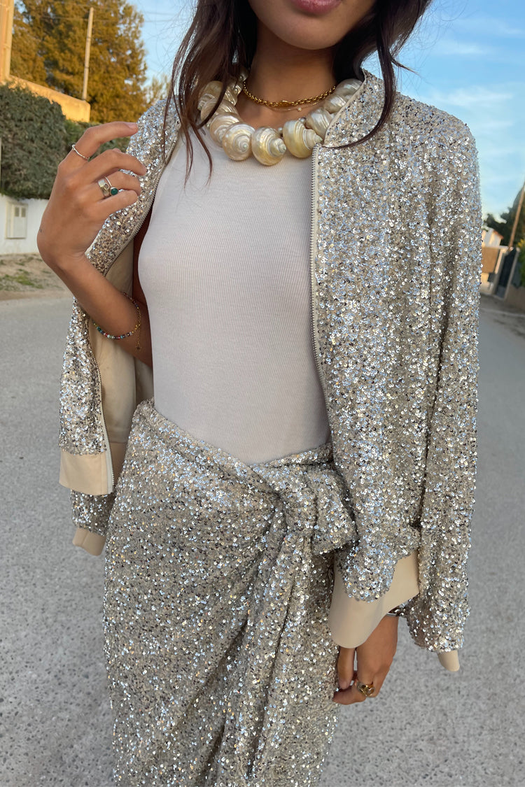 NEVER FULLY DRESSED Silver Sequin Bomber Jacket