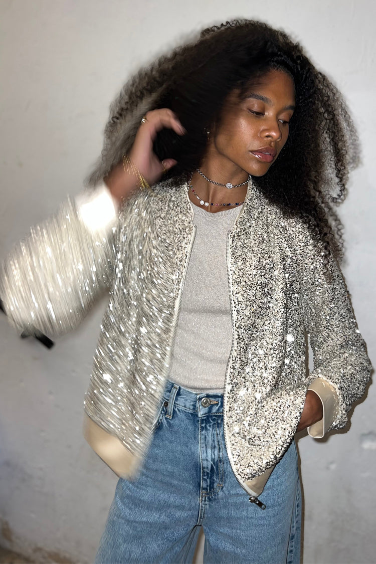 NEVER FULLY DRESSED Silver Sequin Bomber Jacket