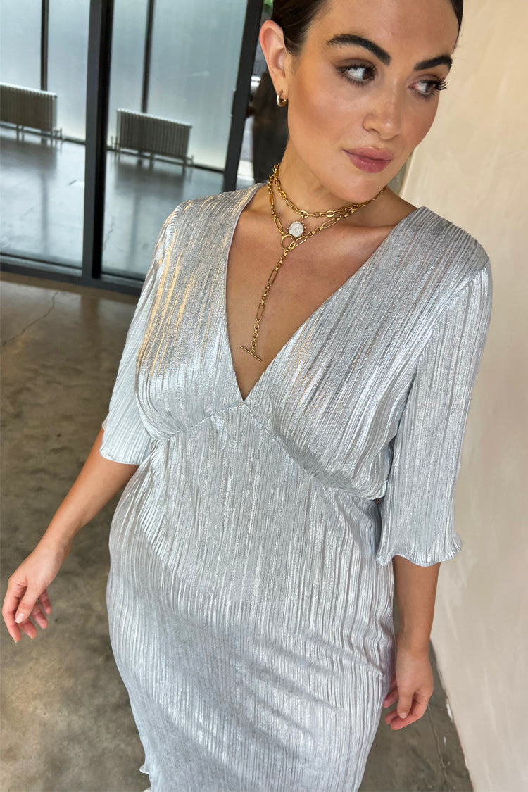 NEVER FULLY DRESSED Silver Plisse Midi Dress