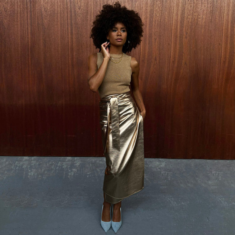 NEVER FULLY DRESSED Gold Vegan Leather Jaspre Skirt