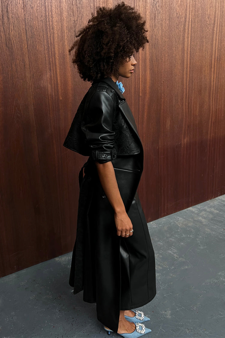 NEVER FULLY DRESSED Black Embroidered Vegan Leather Trench Coat