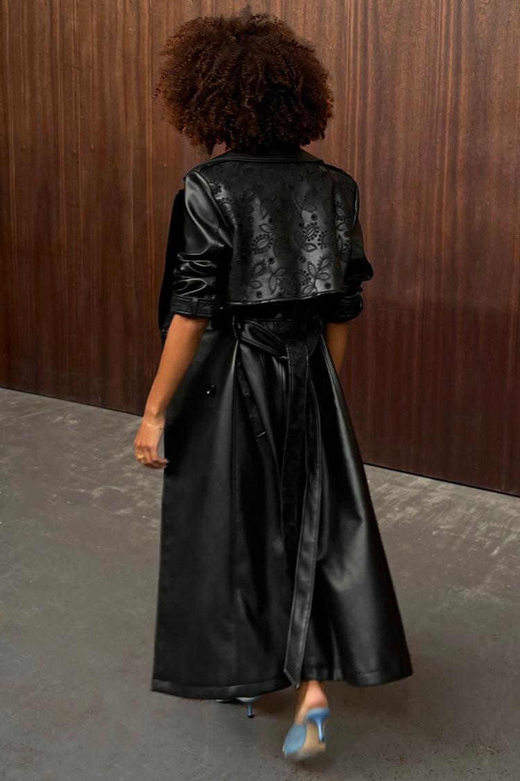 NEVER FULLY DRESSED Black Embroidered Vegan Leather Trench Coat