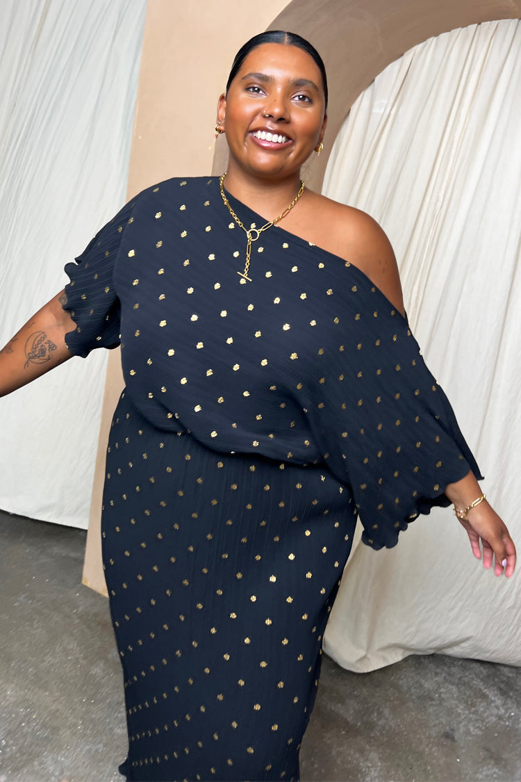 NEVER FULLY DRESSED Black Tilly Plisse Dress With Gold Fleck