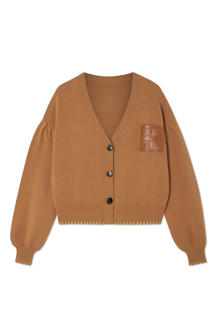 NEVER FULLY DRESSED Camel Cardigan With PU Patch
