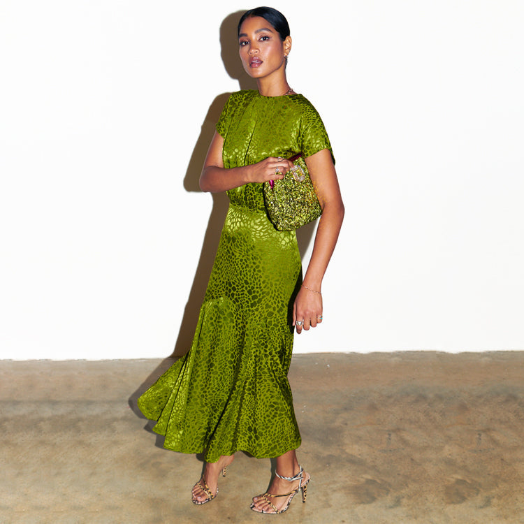 NEVER FULLY DRESSED Green Jacquard Midi Erin Dress Petite
