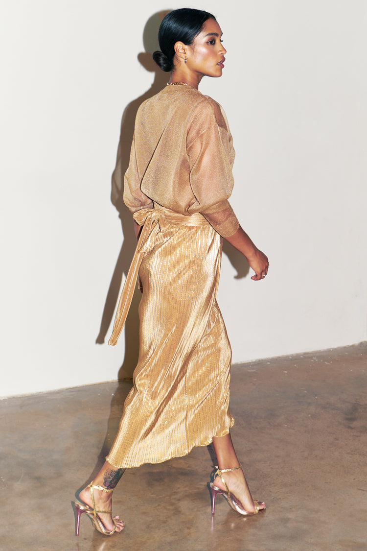 NEVER FULLY DRESSED Gold Plisse Jaspre Skirt