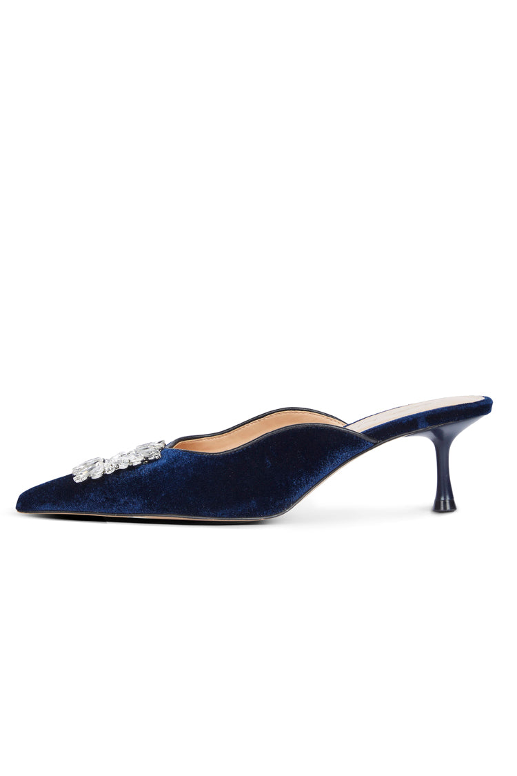 NEVER FULLY DRESSED Embellished Navy Velvet City Mules