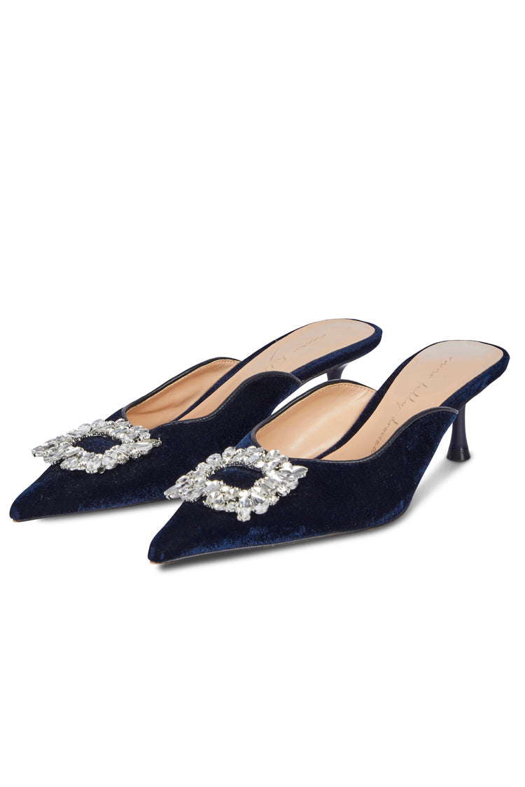 NEVER FULLY DRESSED Embellished Navy Velvet City Mules