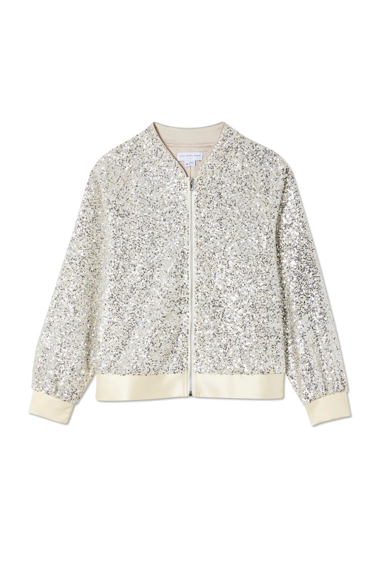 NEVER FULLY DRESSED Silver Sequin Bomber Jacket