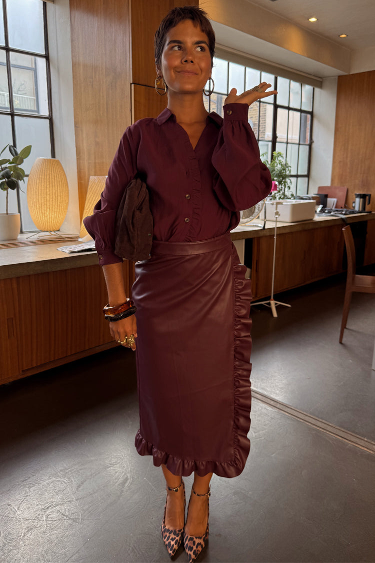 NEVER FULLY DRESSED Wine Vegan Leather Ruffle Jaspre Skirt