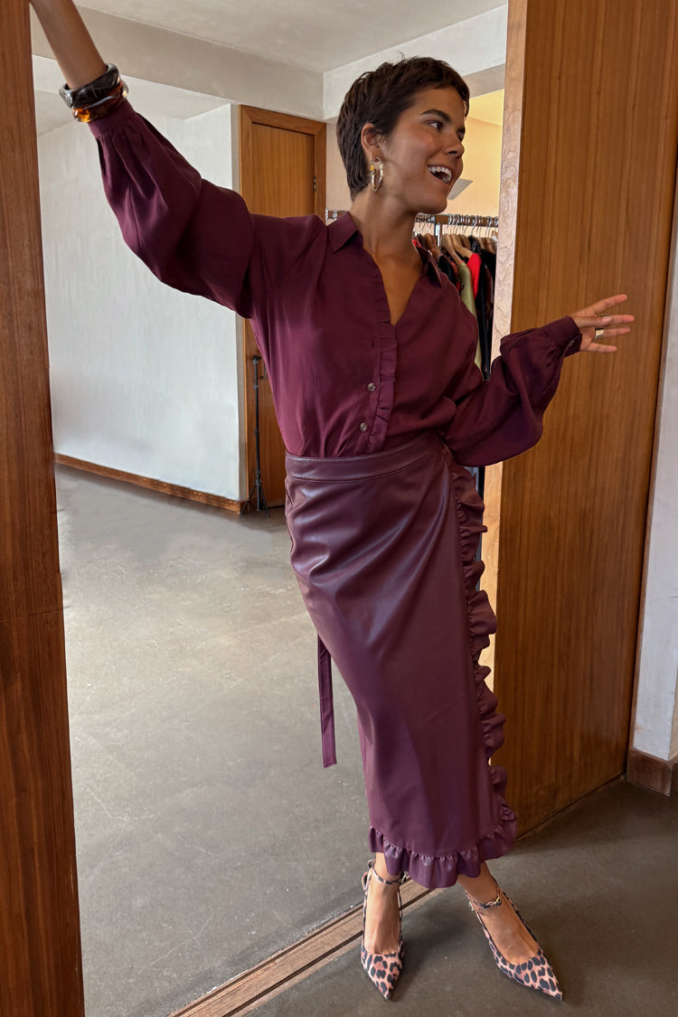 NEVER FULLY DRESSED Wine Vegan Leather Ruffle Jaspre Skirt