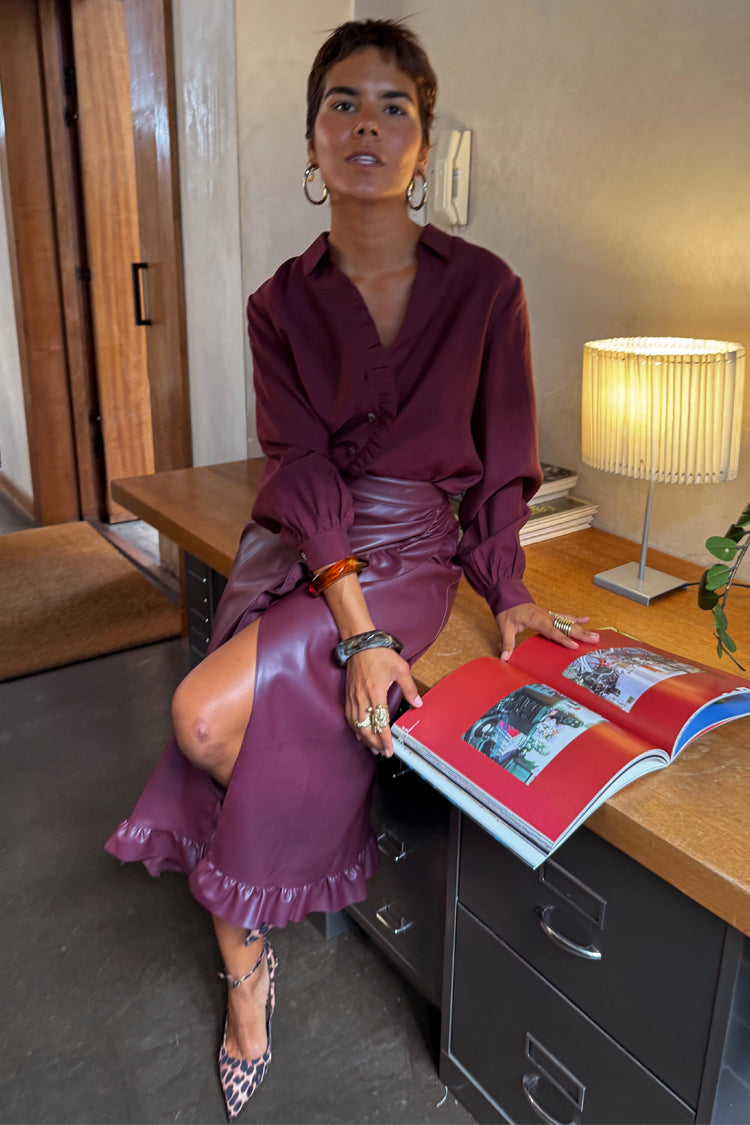 NEVER FULLY DRESSED Wine Vegan Leather Ruffle Jaspre Skirt