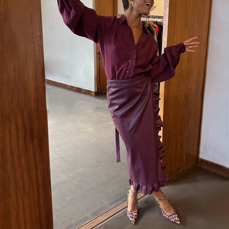 NEVER FULLY DRESSED Wine Vegan Leather Ruffle Jaspre Skirt