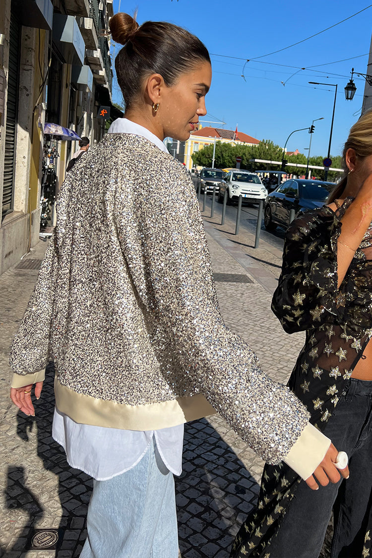 NEVER FULLY DRESSED Silver Sequin Bomber Jacket