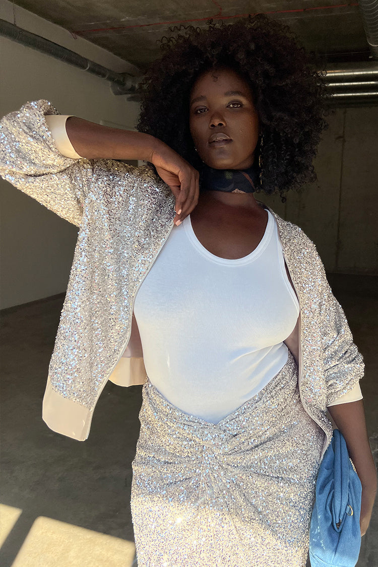 NEVER FULLY DRESSED Silver Sequin Bomber Jacket