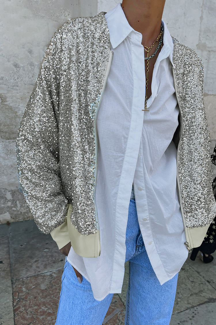 NEVER FULLY DRESSED Silver Sequin Bomber Jacket