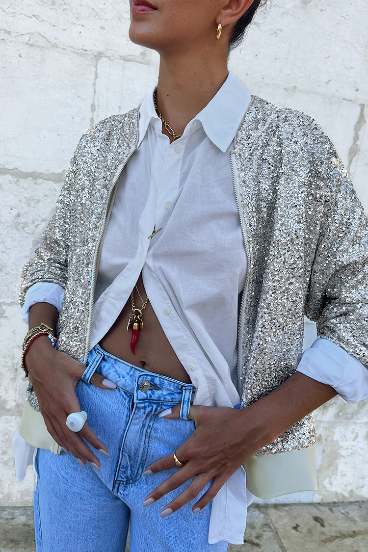 NEVER FULLY DRESSED Silver Sequin Bomber Jacket