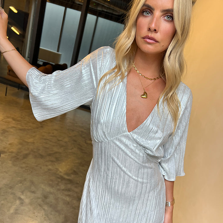 NEVER FULLY DRESSED Silver Plisse Midi Dress