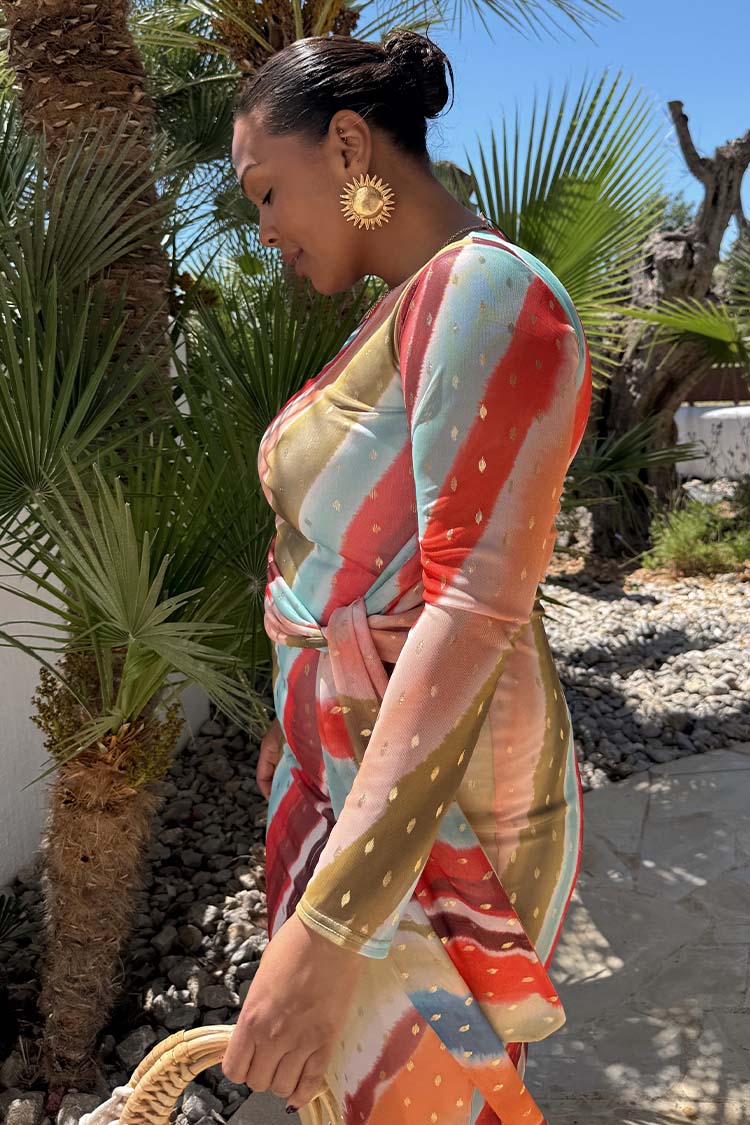 NEVER FULLY DRESSED Sunset Stripe Mesh Midi Dress