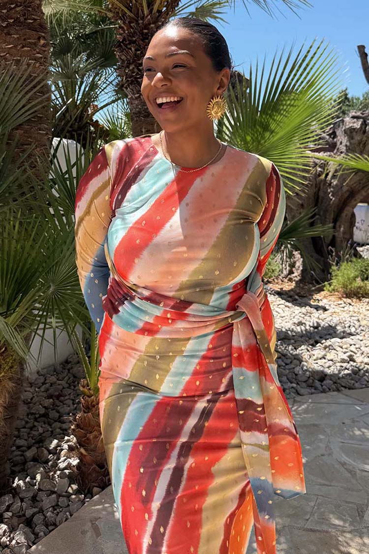 NEVER FULLY DRESSED Sunset Stripe Mesh Midi Dress