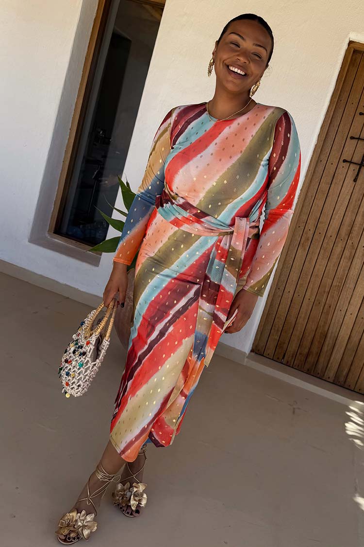 NEVER FULLY DRESSED Sunset Stripe Mesh Midi Dress