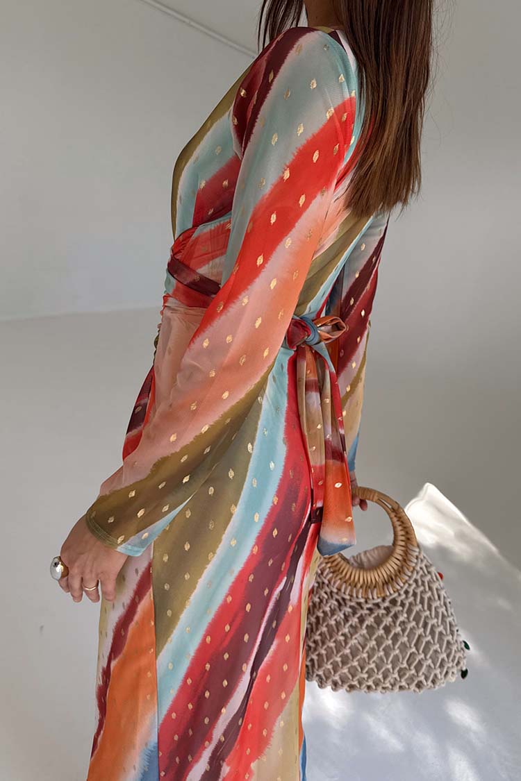 NEVER FULLY DRESSED Sunset Stripe Mesh Midi Dress