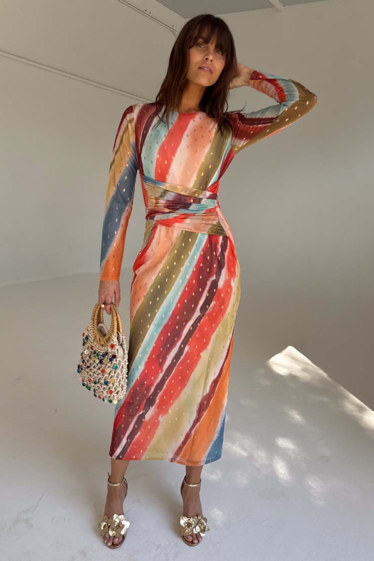 NEVER FULLY DRESSED Sunset Stripe Mesh Midi Dress