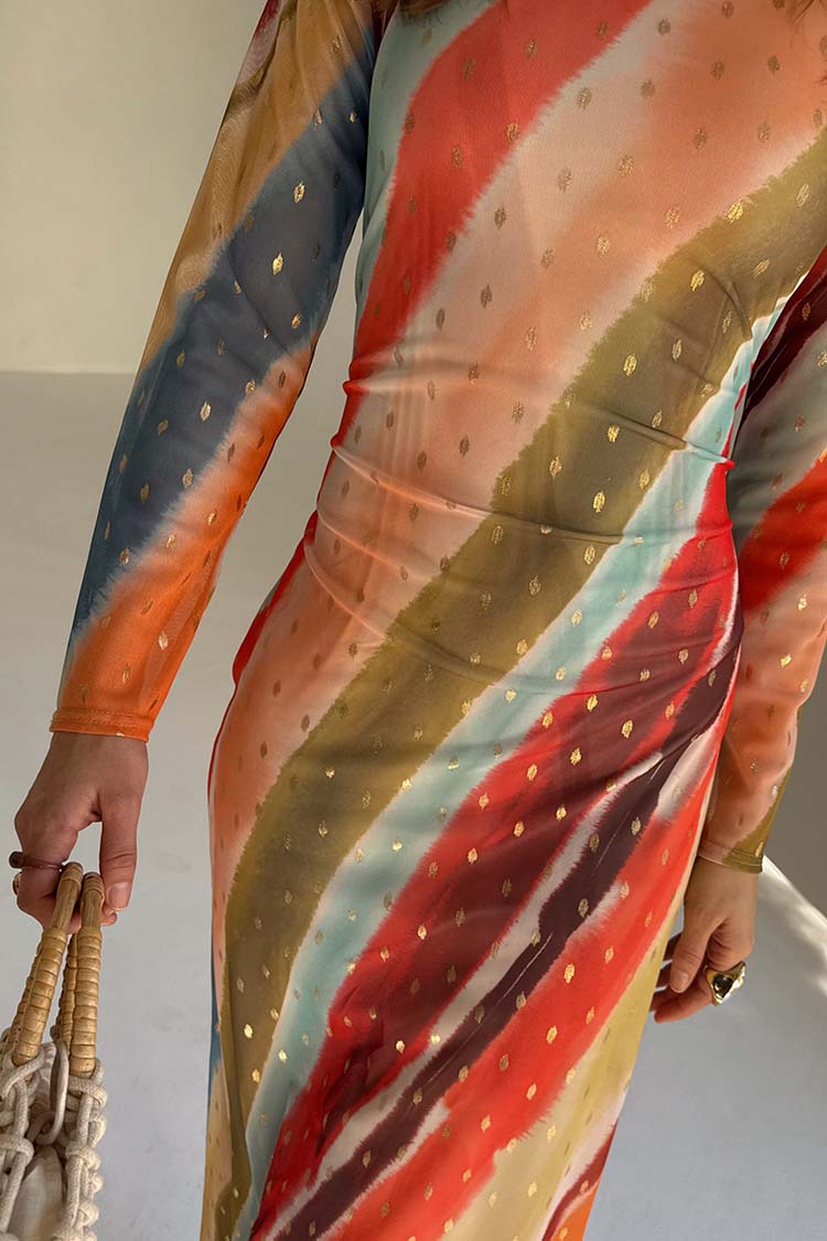 NEVER FULLY DRESSED Sunset Stripe Mesh Midi Dress