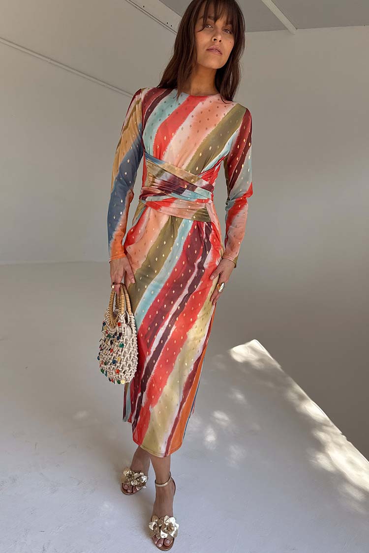 NEVER FULLY DRESSED Sunset Stripe Mesh Midi Dress