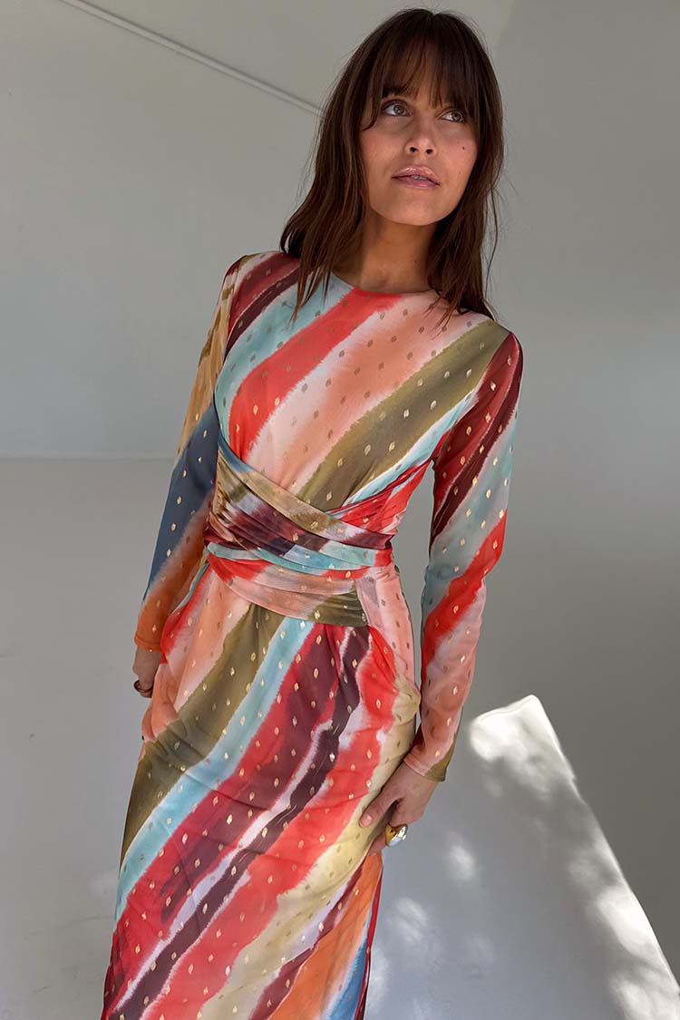 NEVER FULLY DRESSED Sunset Stripe Mesh Midi Dress